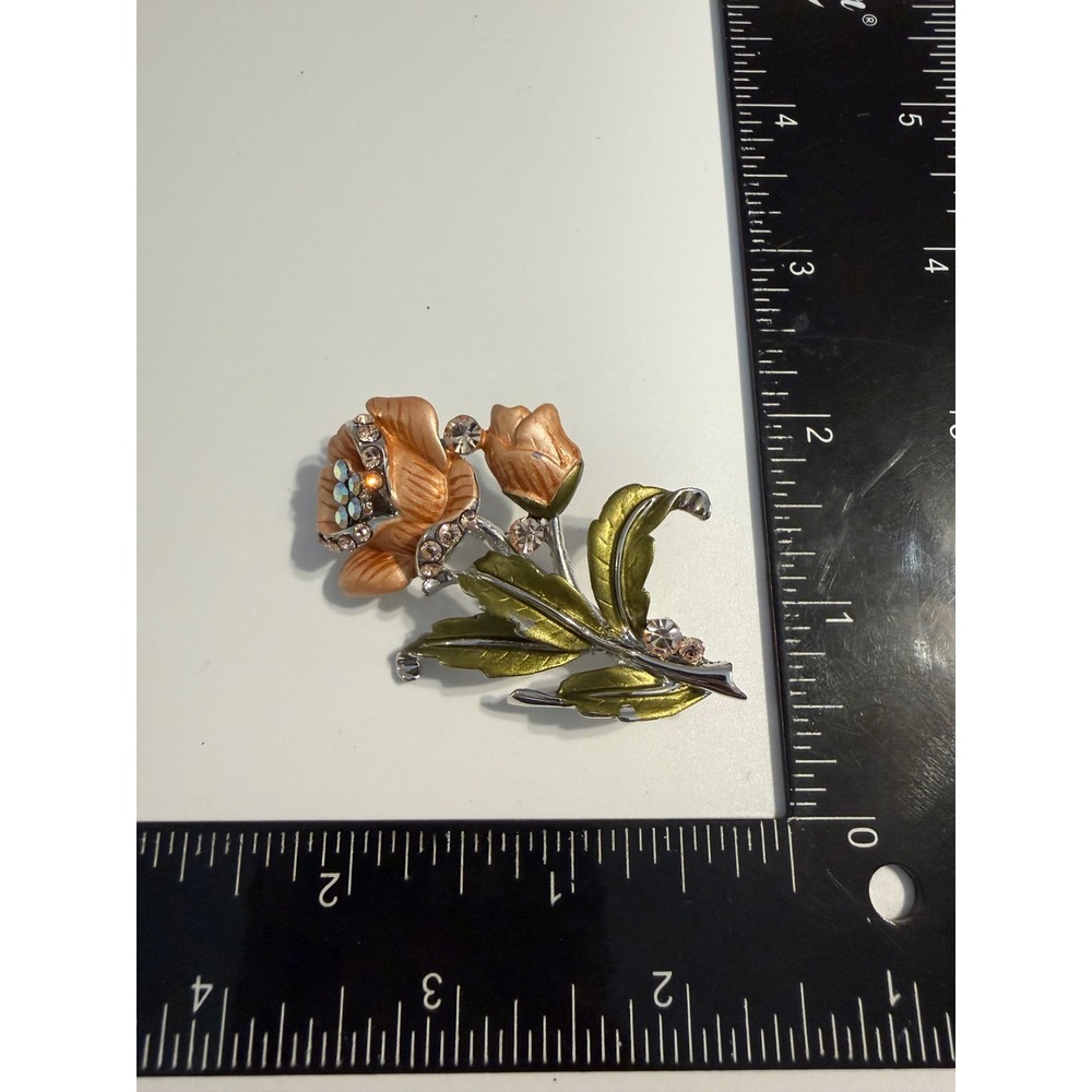 Vintage Peach Enamel Rose Brooch Aurora Borealis Floral Pin Silver Tone